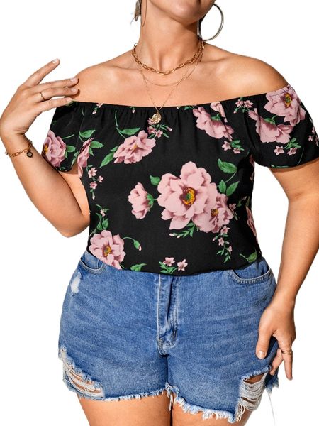 

plus floral print off the shoulder blouse s6ah#, Black