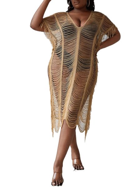 

plus ripped batwing sleeve split thigh cover up without bikini 63oa#, Black