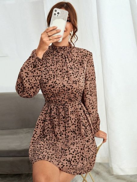 

allover print frill trim belted dress 93al#, Black;gray