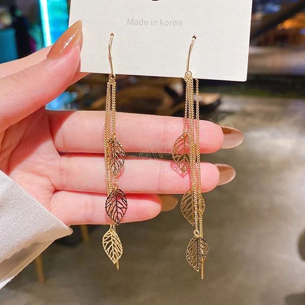 

temperamental vintage golden leaf fringe dangle earrings for women korean fashion jewelry daily wear earrings birthday party gift, Silver