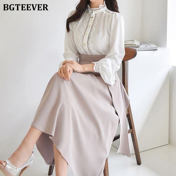 

elegant 2 piece ol skirt set for women stand neck lace patchwork shirts &amp high waist ruffles a-line skirts 2022 spring, White