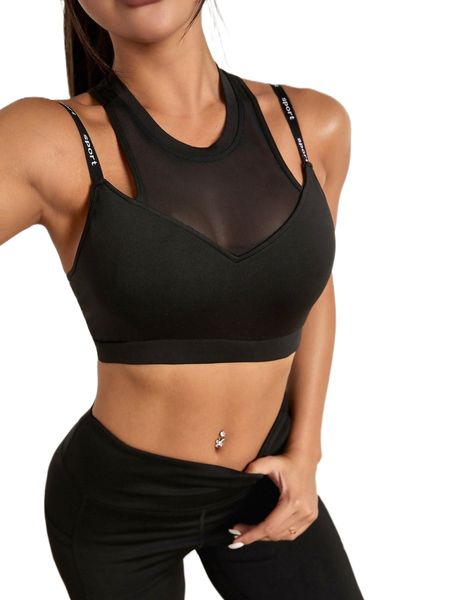 

mesh panel letter tape strap racer back 2 in 1 sports bra f3lr#, Gray