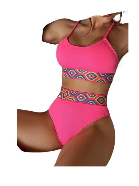 

contrast geometric tape ribbed high waist bikini swimsuit e9fb#, White;black