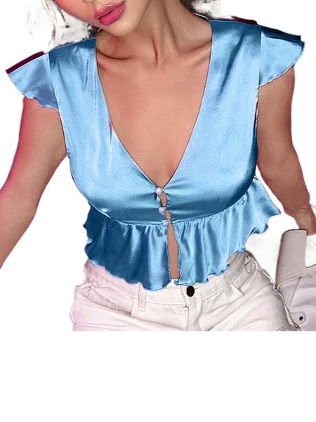 

flutter sleeve peplum satin blouse v67o#, White