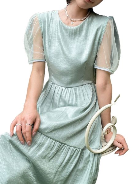 

dazy contrast mesh puff sleeve dress t7ik#, Black;gray