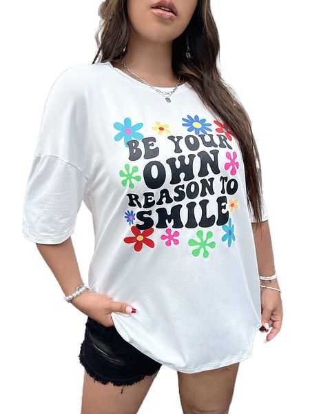 

plus slogan & floral print drop shoulder tee n98r#, Black