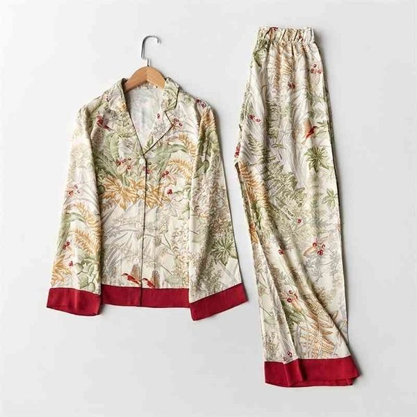 

spring casual long sleeve satin pajama set green grass printing sleepwear loungewear women turndown collar pijama mujer 210325, Black;red