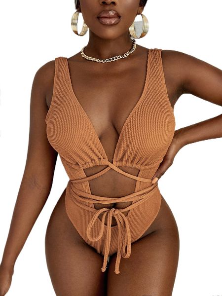 

cut-out lace up one piece swimsuit k8yr#, White;black