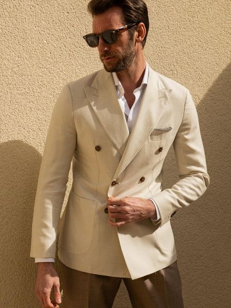 Herrenanzüge, Blazer, neueste Designs, Beige, für Männer, 2-teiliges Set, zweireihig, Bräutigam, Hochzeitsanzug, formell, elegant, Blazer-Sets, Jacke, Hose, Herren