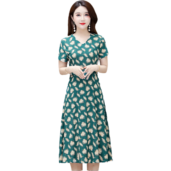 

casual dresses high-end women summer floral short sleeve o-neck middle-aged female mom maxi dress femme slim vestidos g1104, Black;gray