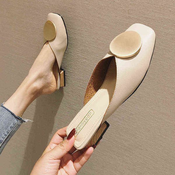 

slippers brand designer women slip on mules flat heel casual shoes british buckle slides wooden block heels summer footwear 220329, Black