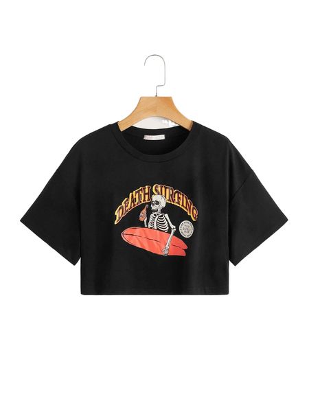 

romwe x goldenline skeleton print crop tee i86w#, White