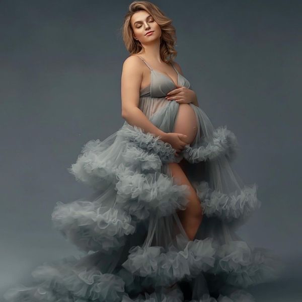

tulle spaghetti straps prom dresses for women tiered ruffle maternity robes pshoot evening gowns robes de soiree custom made, Black