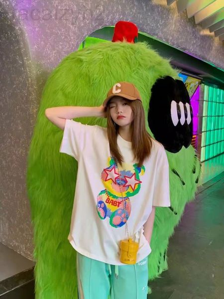 

women's t-shirt designer chaopai 22 early spring new niche fashionable design baby bear five pointed star cartoon pattern cute versatil, White