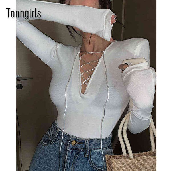 

women's tonngirls women t-shirt long sleeve v neck lace up tshirt solid white tee club wear female streetwear t220825