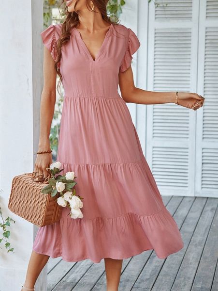 

flutter sleeve ruffle hem dress c35c#, Black;gray