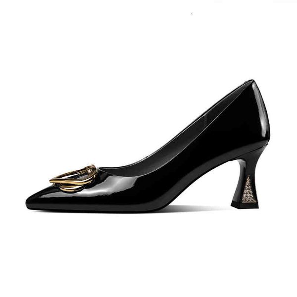 

dress shoes spring and summer women's shoes pointed thin heels high cow lacquer leather metal simple single r0ht, Black