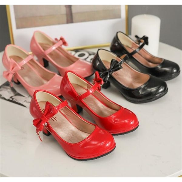 

putri sepatu dansa kulit gadis pesta mengkilap merah solid warna bertumit tinggi fashion sepatu untuk anakanak 220611, Black;red