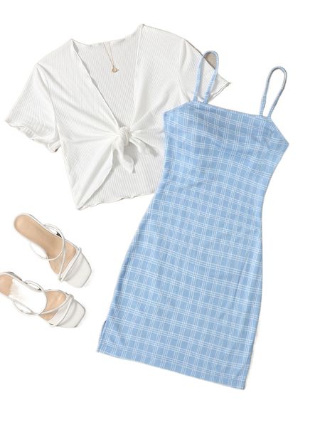 

plus plaid print cami dress & knotted front lettuce trim i9x5#, Black