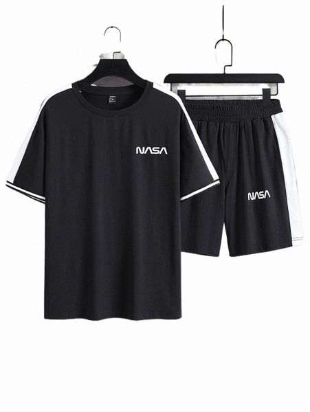 

men letter graphic contrast side seam tee & shorts 13xc#, Gray