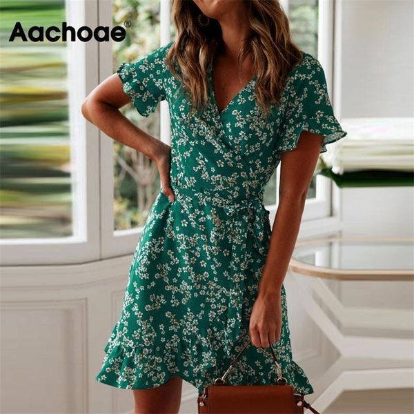 

aachoae women dresses summer v neck floral print boho beach ruffle short sleeve a line mini sundress robe 220504, Black;gray
