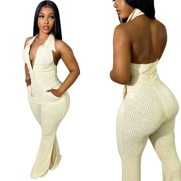 Neue Großhandel schöne Overalls Sommer Frauen rückenfreie gestrickte Strampler solide Neckholder Jumper Anzug beiläufige dünne figurbetonte Bodysuit Nachtclub tragen 7336