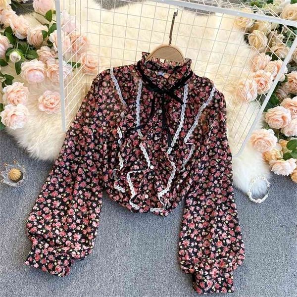 

spring autumn retro french floral blouse female round neck puff sleeve fungus blusa age reduction chiffon shirt c609 210507, White