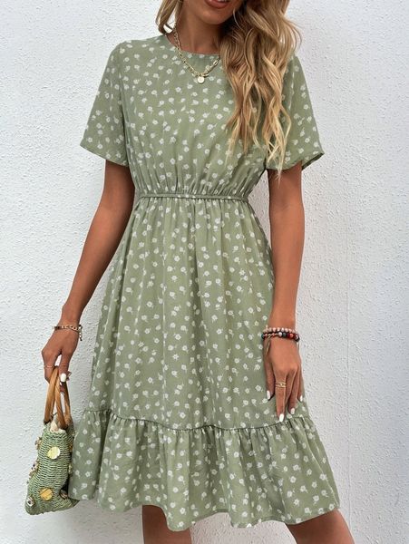

allover floral ruffle hem dress e4op#, Black;gray