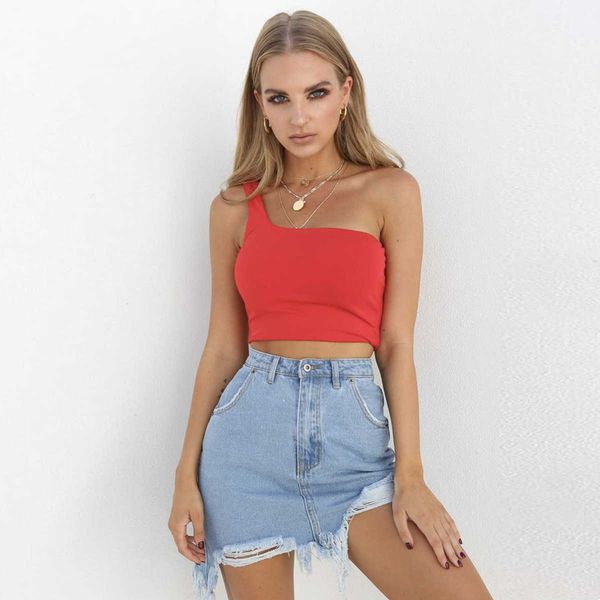 

polyester one shoulder slope crop 2022 women's t-shirt fashion single sleeve t-shirt female solid, White
