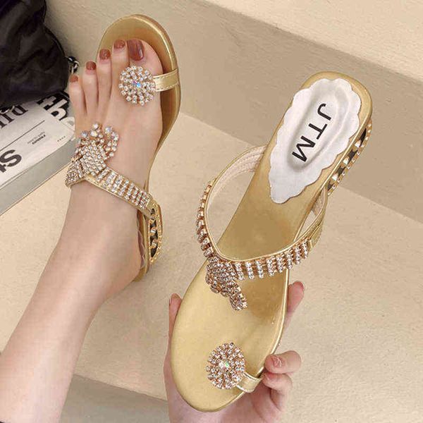 

sandals luxury crystal clip toe slippers women 2022 summer fringe low heels woman thick slides mujer 220419, Black
