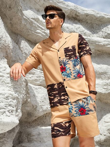 

men camo & tropical print patched pocket shirt & shorts 916q#, Gray