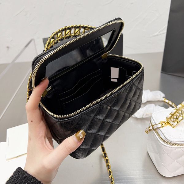 

2022ss cosmetic case box vanity caviar leather bags calfskin genuine leather handle totes with mirror camera phone card holder purse designe