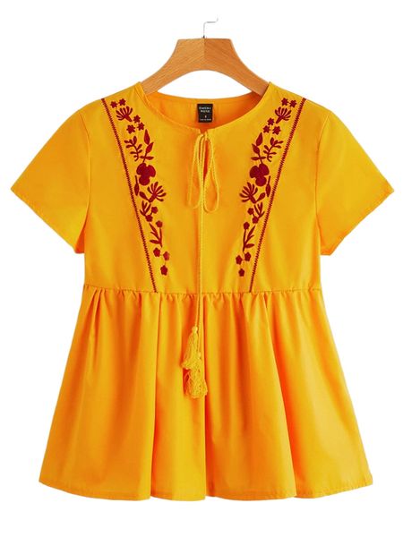 

emery rose floral embroidered tie front peplum hem blouse y3gr#, White