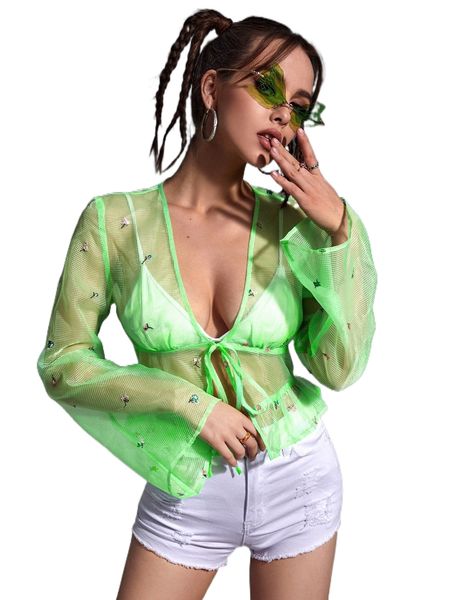 

floral embroidery knot front crop mesh e4mh#, White