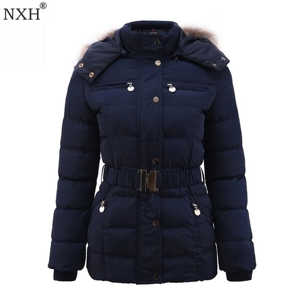 

nxh winter womens thick coat adjustable waist pockets fur hooded ladys warm jackets botton zipper slim clothing brand 201026, Black
