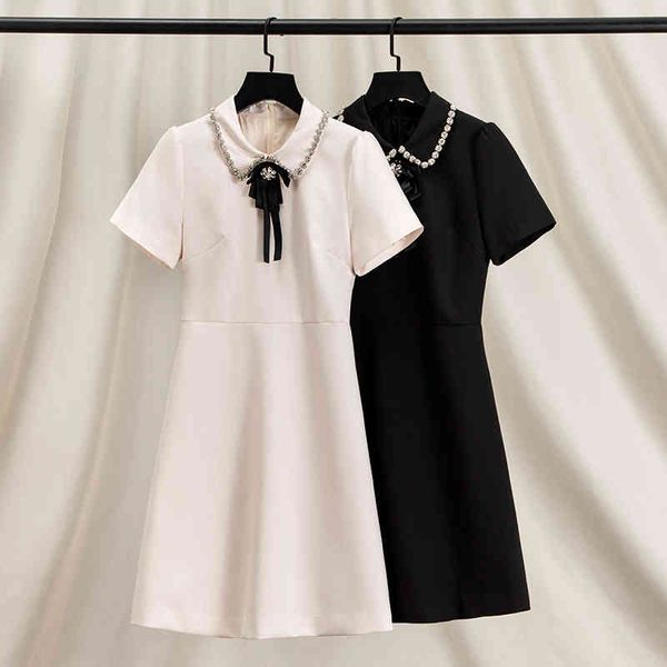 

casual dresses bowknot heavy work nail bead diamond inlaid doll neck white black short sleeve waist dress summer high a-line skirt, Black;gray