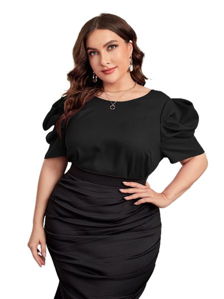 

plus puff sleeve bow v back blouse s927#, Black