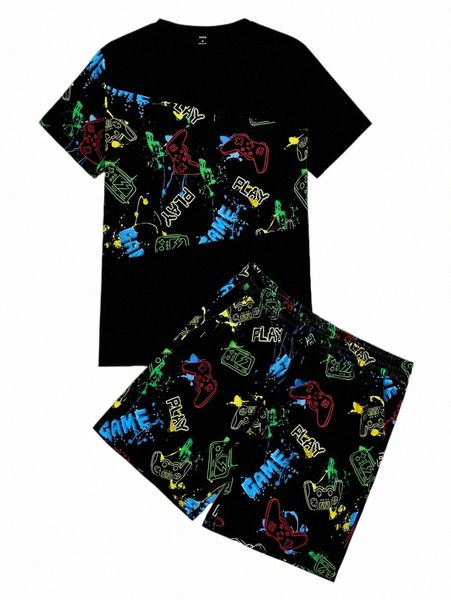 

men letter & cartoon graphic tee & drawstring shorts a2mt#, Gray