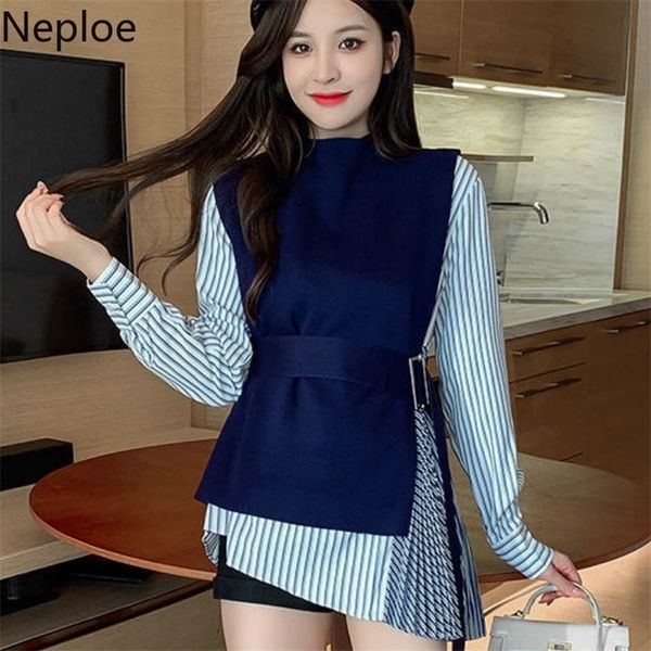 

neploe korean style fashion women suit two piece outfits sweater vest o-neck irregularity shirts female 2 set 220323, White