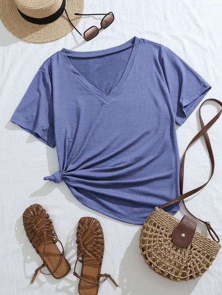 

plus solid v-neck tee x0ng#, Black