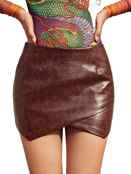 

wrap hem pu leather bodycon skirt k9m2#, Black