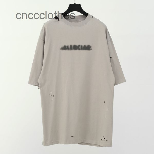 

house b fuzzy letters worn out paris band holes fashion loose t-shirt for men and women, White;black