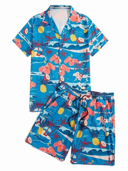 

romwe guys tropical print shirt & drawstring shorts j7z6#, Gray