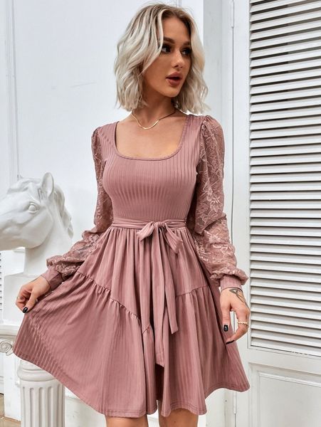 

square neck contrast lace bishop sleeve ruffle hem belted dress t3ls#, Black;gray