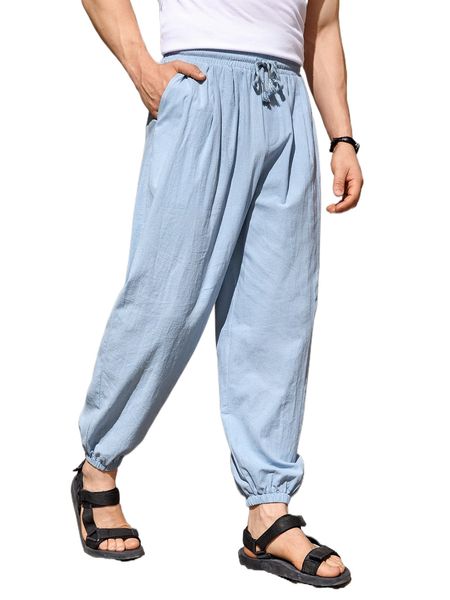 

men slant pockets drawstring waist joggers t93o#, Black