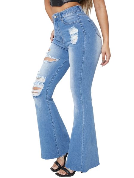

sxy high waisted ripped raw hem flare leg jeans 319y#, Blue