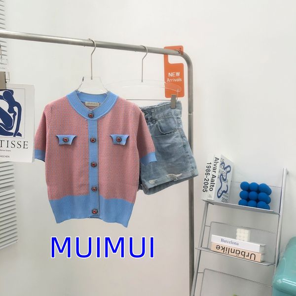 

women's t-shirt designer muimui home summer thousand bird check color matching button short sleeved cardigan slim fitting knitted 7tun, White