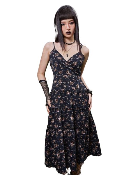 

romwe goth ditsy floral ruffle hem cami dress e569#, Black;gray