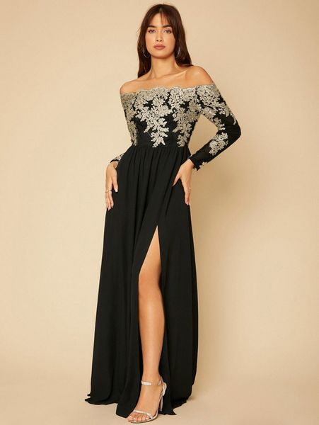 

applique split thigh off shoulder dress f67k#, Black;gray