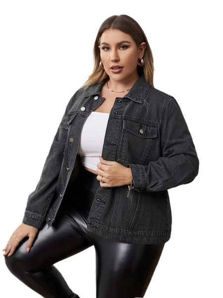 

plus flap pocket denim jacket l3yy#, Black;brown